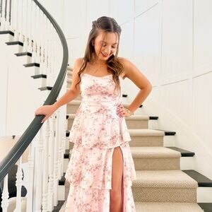 Lulu’s Pink Floral Tiered Maxi Prom Dress